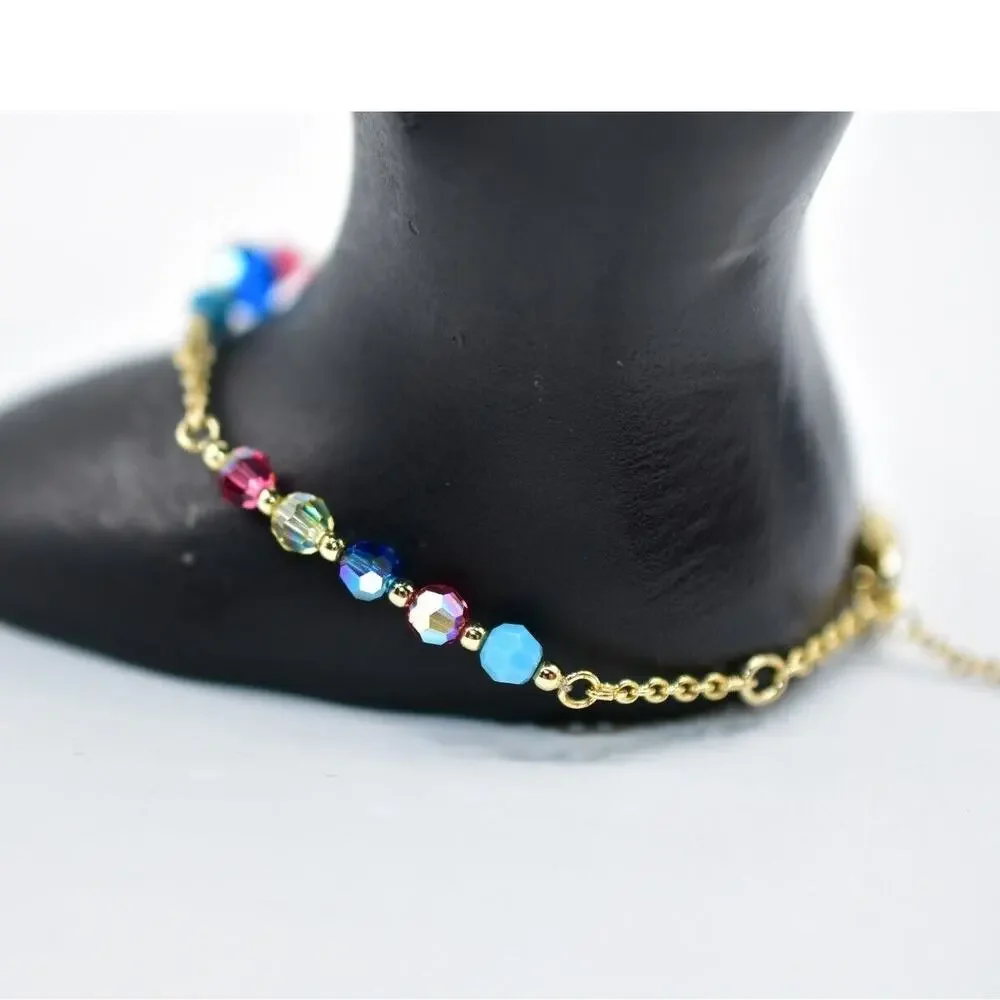 Swarovski Crystal Beaded Bracelet AB Blue Pink Gold Tone Chain Swan Signed Bin7